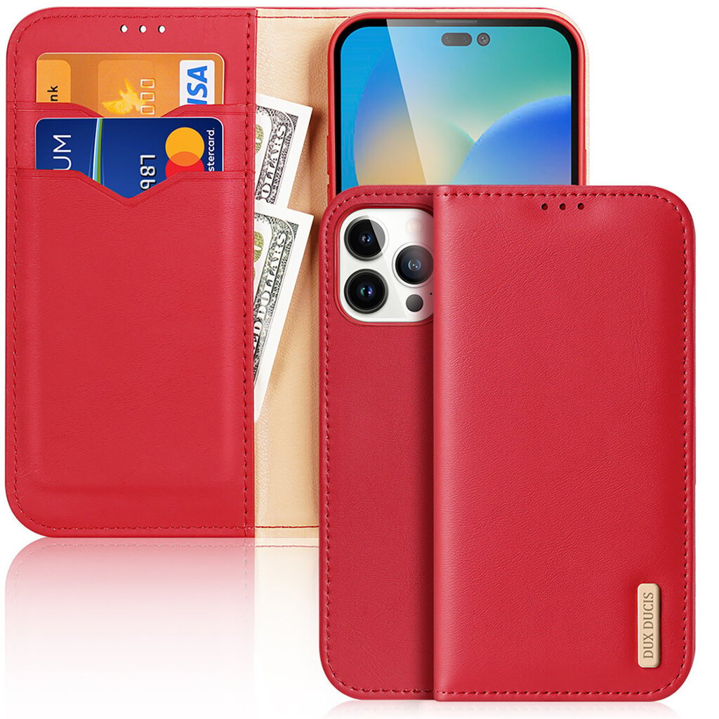 Telefoniümbris Dux Ducis Hivo Leather Flip Cover Genuine Leather Wallet for Cards and Documents iPhone 14 Pro Max, punane цена и информация | Telefonide kaitsekaaned ja -ümbrised | hansapost.ee