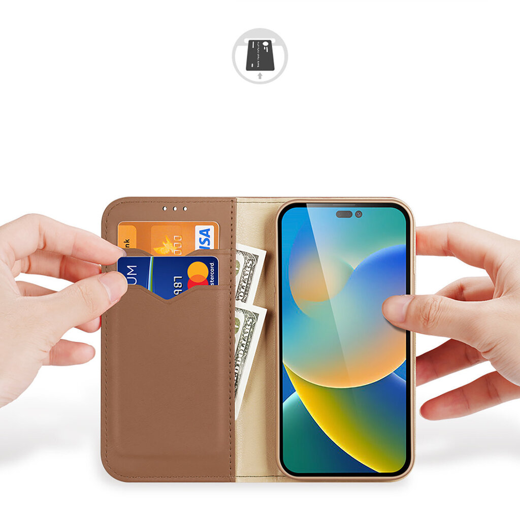 Telefoniümbris Dux Ducis Hivo Leather Flip Cover Genuine Leather Wallet for Cards and Documents iPhone 14 Pro Max, pruun цена и информация | Telefonide kaitsekaaned ja -ümbrised | hansapost.ee