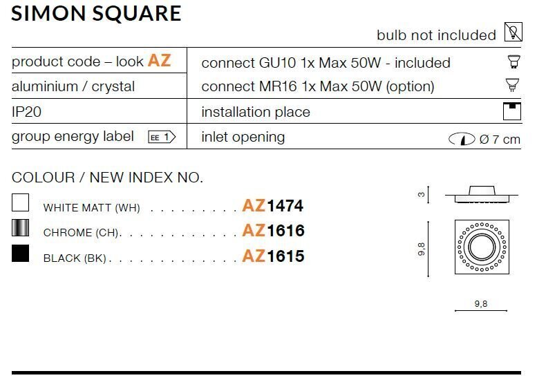 Sisseehitatud valgusti Azzardo Simon Square White hind ja info | Süvistatavad LED valgustid | hansapost.ee