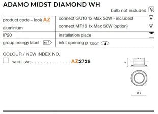 Azzardo встраиваемый светильник Adamo Diamond White цена и информация | Монтируемые светильники, светодиодные панели | hansapost.ee
