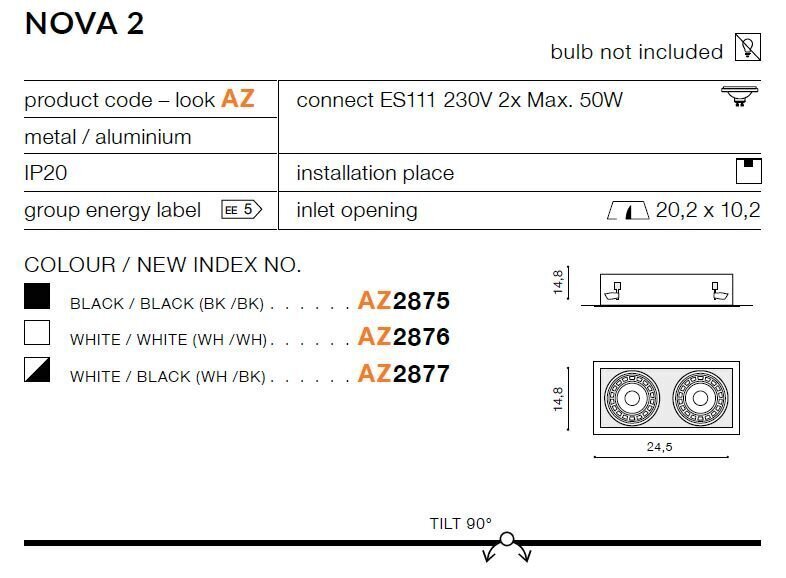 Süvistatav valgusti Azzardo Nova 2 White/Black цена и информация | Süvistatavad LED valgustid | hansapost.ee