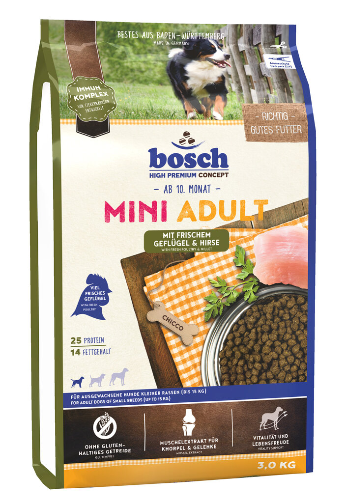 Bosch Mini Adult Poultry & Millet koeratoit linnuliha ja hirsiga, 3kg цена и информация | Koerte kuivtoit ja krõbinad | hansapost.ee