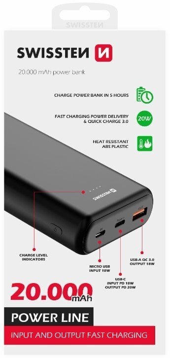 Akupank Swissten Line 20000 mAh цена и информация | Akupangad | hansapost.ee