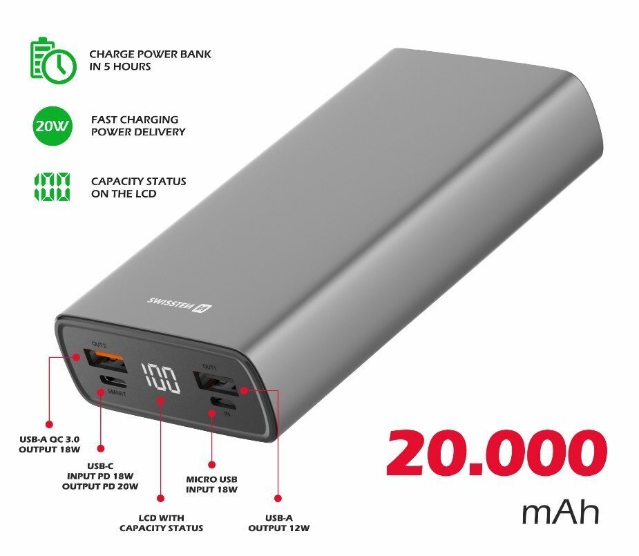 Swissten Aluminium 20000 mAh price and information | Akupangad | hansapost.ee