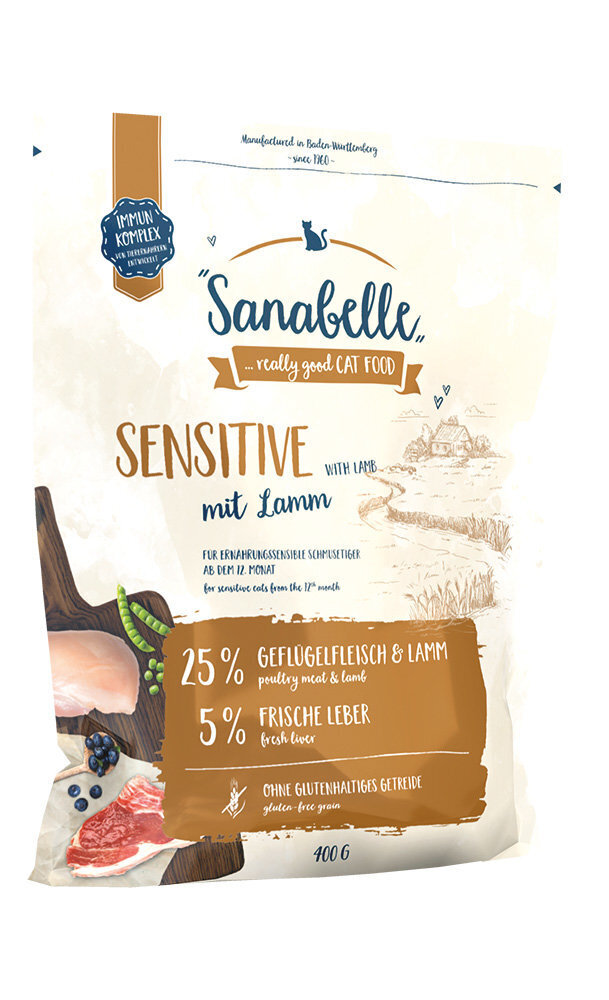 Kassitoit lambalihaga Sanabelle Sensitive Lamb, 400 g цена и информация | Kassi kuivtoit ja kassikrõbinad | hansapost.ee