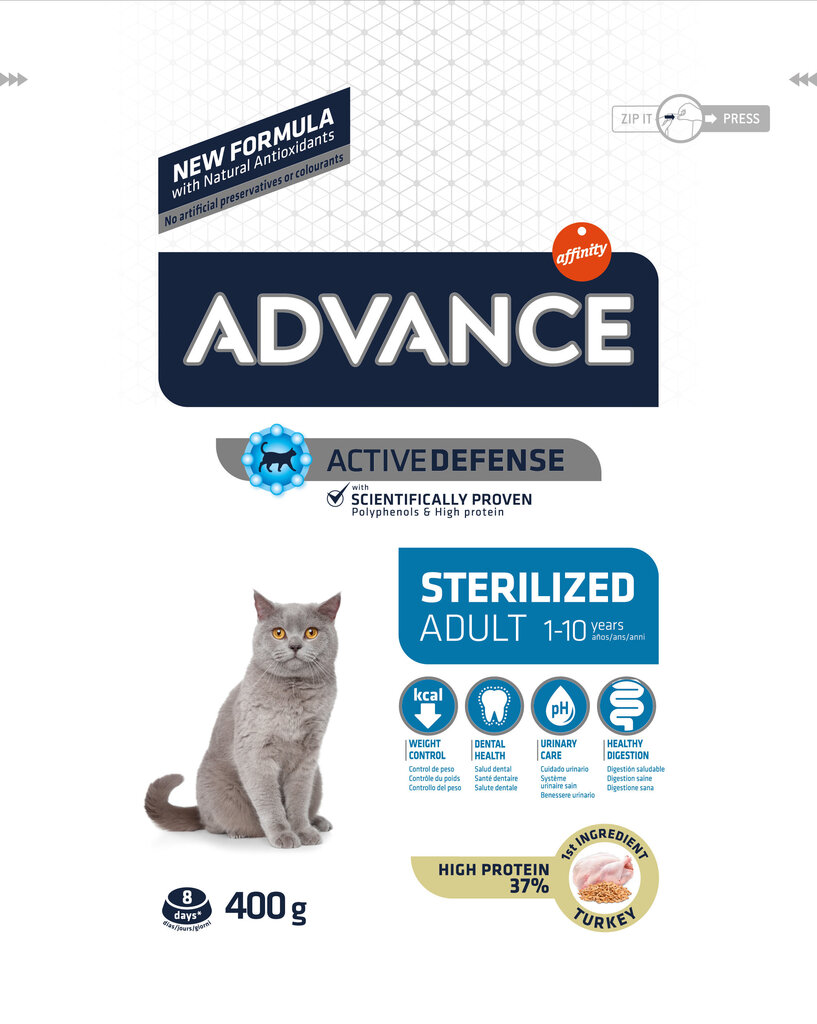 Kuivtoit ADVANCE steriliseeritud kassidele kalkuniga Cat Sterilized, 0,4 kg цена и информация | Kassi kuivtoit ja kassikrõbinad | hansapost.ee