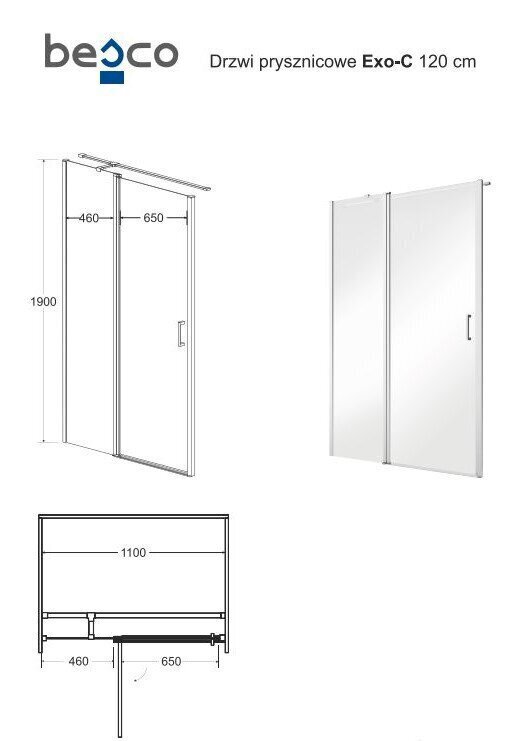 Dušiuks Besco Exo-C, 100,110,120 x 190 cm hind ja info | Dušiseinad ja dušiuksed | hansapost.ee