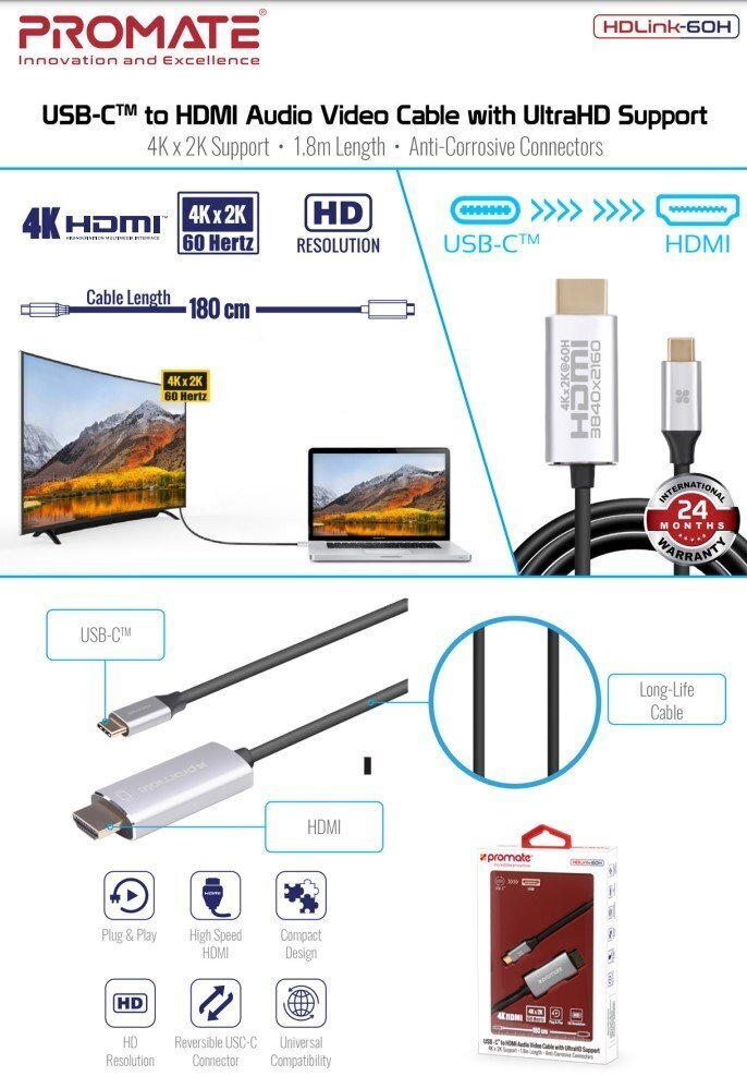 Proteadi USB-C-st HDMI-heli-videokaabel UltraHD toega, 1,8 m цена и информация | Juhtmed ja kaablid | hansapost.ee