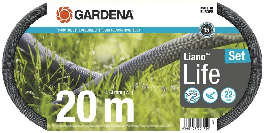 Tekstiilist voolikute komplekt Gardena Liano™ Life 18450-20, 20m цена и информация | Niisutussüsteemid, kastmisvoolikud ja kastekannud | hansapost.ee