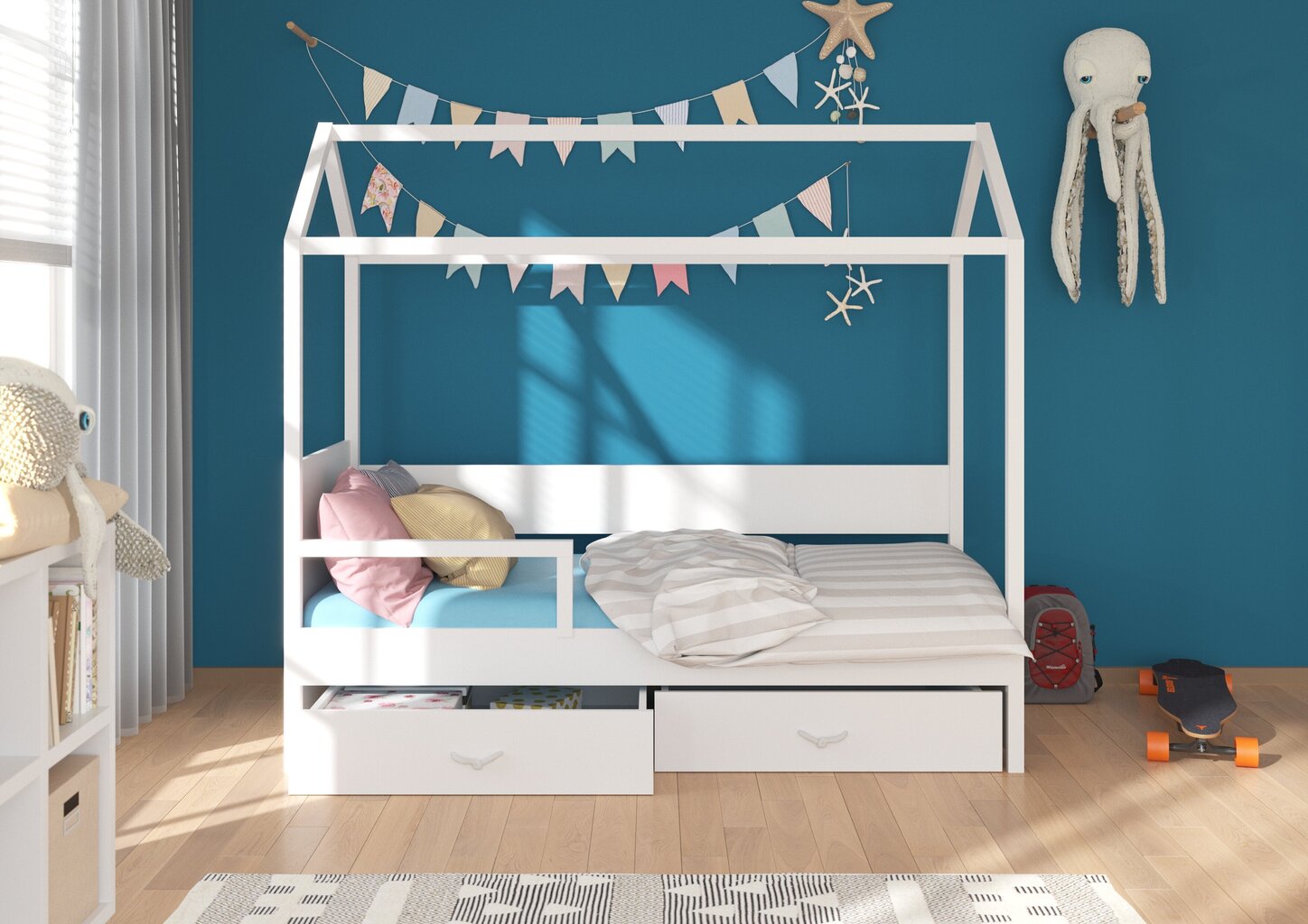 Voodi ADRK Furniture Otello 90x200 cm koos küljekaitsega ja katusega, valge/roosa hind ja info | Lastevoodid | hansapost.ee