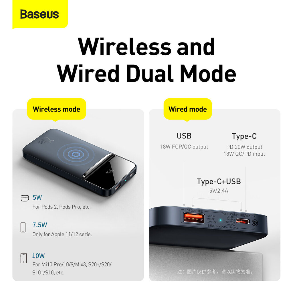 Baseus Power Bank 10000mAh 2022 Edition - USB + Type C - QC 3.0 PD 3.0 20W - USB to Type C cable (PPCX010201) , sinine hind ja info | Akupangad | hansapost.ee