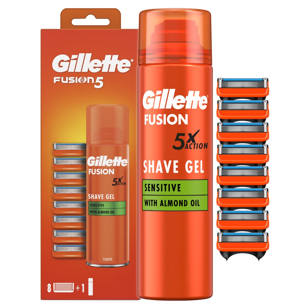 Gillette Fusion Raseerija Varuterad 8 tk + Fusion 5 Ultra Sensitive Raseerimisgeel hind ja info | Raseerimisvahendid | hansapost.ee