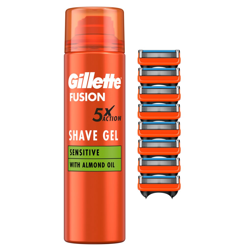 Gillette Fusion Raseerija Varuterad 8 tk + Fusion 5 Ultra Sensitive Raseerimisgeel hind ja info | Raseerimisvahendid | hansapost.ee