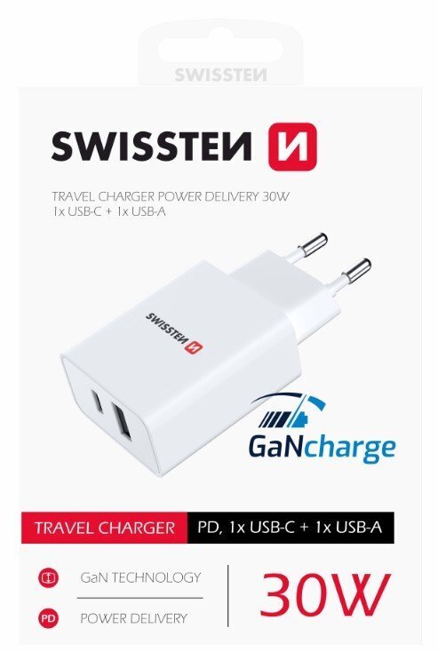 Swissten GaN, USB-C / USB, 3A цена и информация | Laadijad mobiiltelefonidele | hansapost.ee