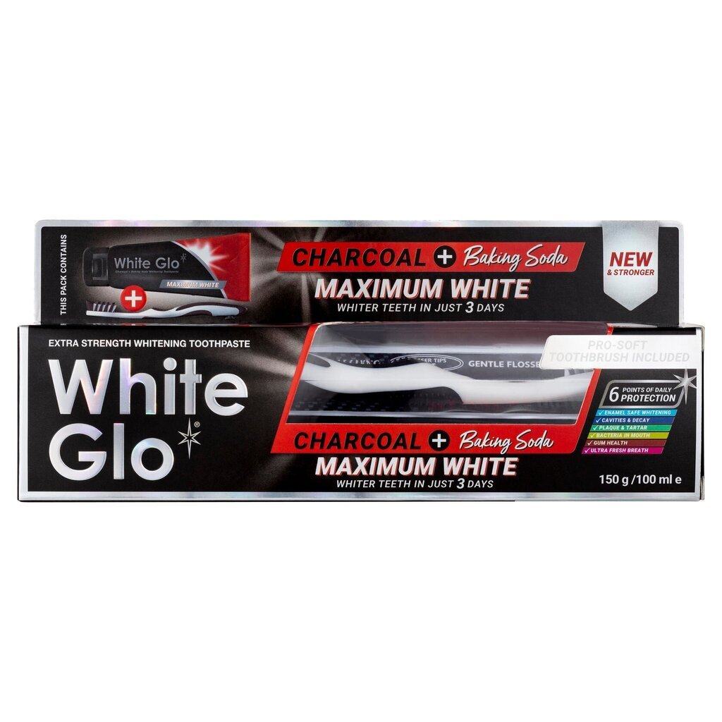 Ekstra tugev valgendav hambapasta aktiivsöe ja söögisoodaga White glo charcoal + baking soda maximum white extra strength whitening toothpaste, 150 g + hambahari цена и информация | Hambaharjad, hampapastad ja suuloputusvedelikud | hansapost.ee