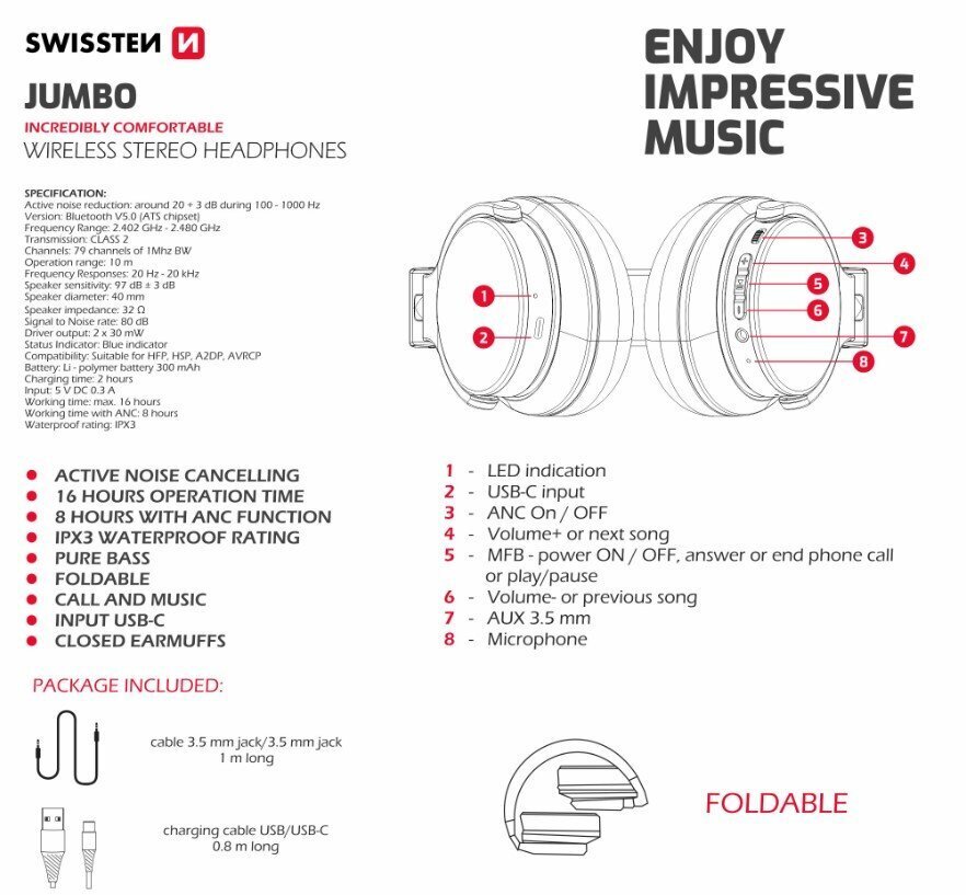 Swissten Jumbo ANC hind ja info | Kõrvaklapid | hansapost.ee