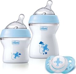 Söötmiskomplekt Chicco Natural Feeling sinine: pudel aeglase vooluga 150 ml, 0+ kuud + pudel keskmise vooluga 250 ml 2+ kuud + lutt price and information | Baby bottles and accessories | hansapost.ee