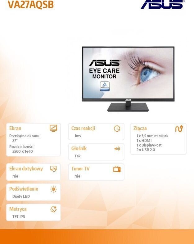 Asus VA27AQSB hind ja info | Monitorid | hansapost.ee