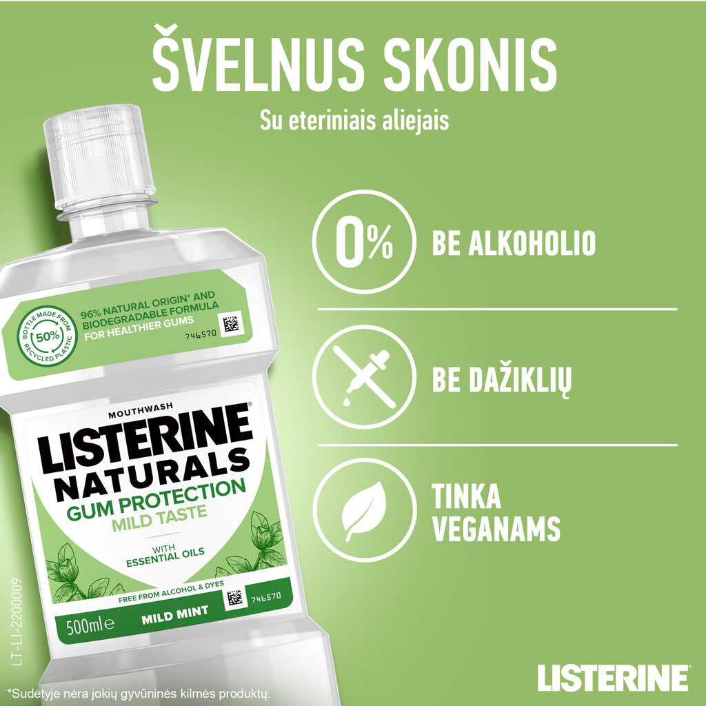 Suuvesi Listerine Naturals Gum Protection 500 ml hind ja info | Hambaharjad, hampapastad ja suuloputusvedelikud | hansapost.ee