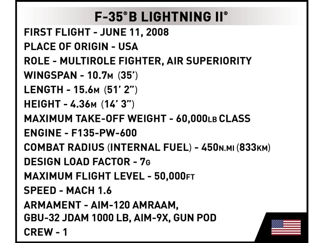 COBI - Plastkonstruktorid F-35B Lightning II USA, 1/48, 5829 цена и информация | Klotsid ja konstruktorid | hansapost.ee