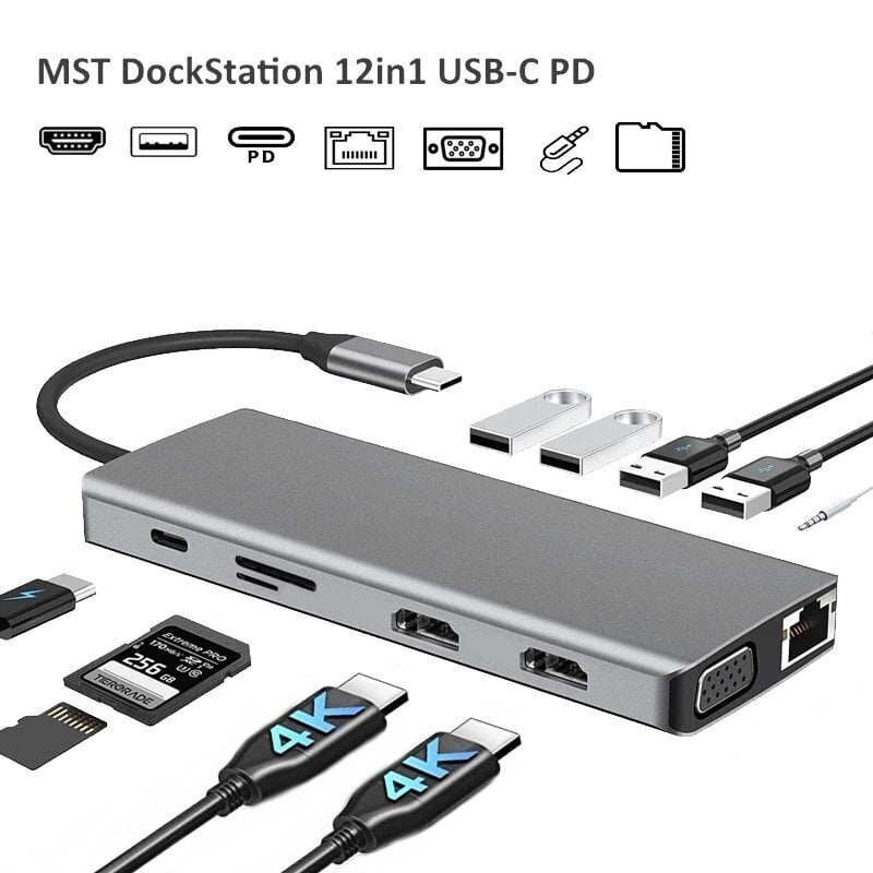 MST Dock Station 12in1 Lite Sülearvuti dokkimisjaam USB-C to 2x HDMI / 4x USB3.0 / SD/TF / VGA / LAN hind ja info | USB adapterid ja jagajad | hansapost.ee