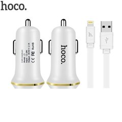 Hoco Z1 2in1 Kit Авто DC 12-24V Два USB Гнезда 2.1A Зарядка + USB на Micro USB 1m Кабель Белый цена и информация | Зарядные устройства для телефонов | hansapost.ee