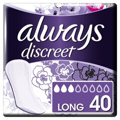 Pesukaitsmed ALWAYS DISCREET Long, kerge kusepidamatuse korral, 40 tk. hind ja info | Tampoonid, hügieenisidemed ja menstruaalanumad | hansapost.ee