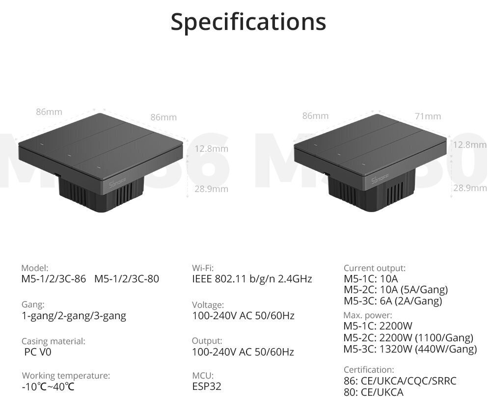 Jungiklis Sonoff 80mm pločio M5-1C-80 цена и информация | Pistikupesad ja lülitid | hansapost.ee