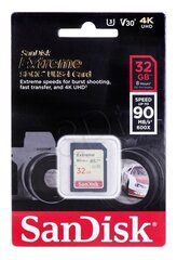 Mälukaart SANDISK 32GB Extreme SDHC UHS-I U3 V30 90/40 MB/s hind ja info | Fotoaparaatide mälukaardid | hansapost.ee