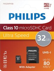 Philips FM32MP45B/10 micro SD 32GB(+ SD адаптер) цена и информация | Карты памяти для фотоаппаратов, камер | hansapost.ee