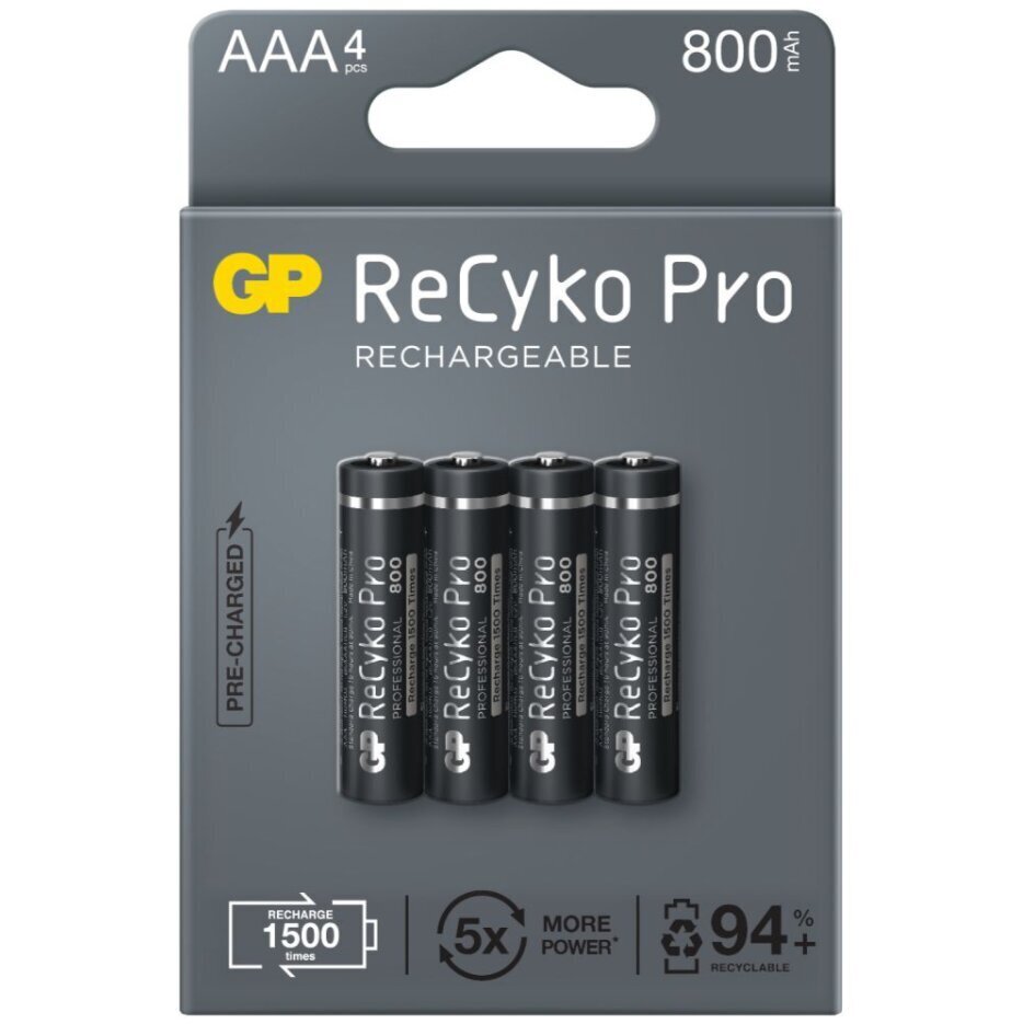 4x laetavad akud AAA / R03 GP ReCyko Pro Ni-MH 800mAh цена и информация | Patareid | hansapost.ee