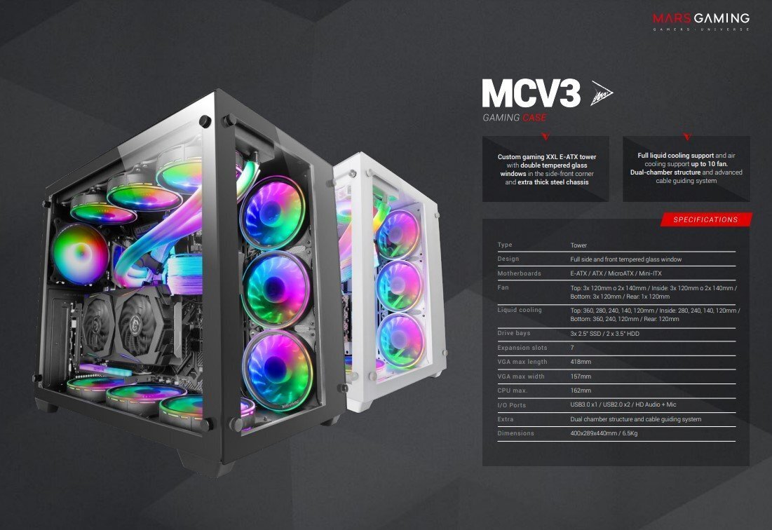 Korpus ATX Semi-tower Mars Gaming MCV3 Premium XXL Valge RGB цена и информация | Arvutikorpused | hansapost.ee