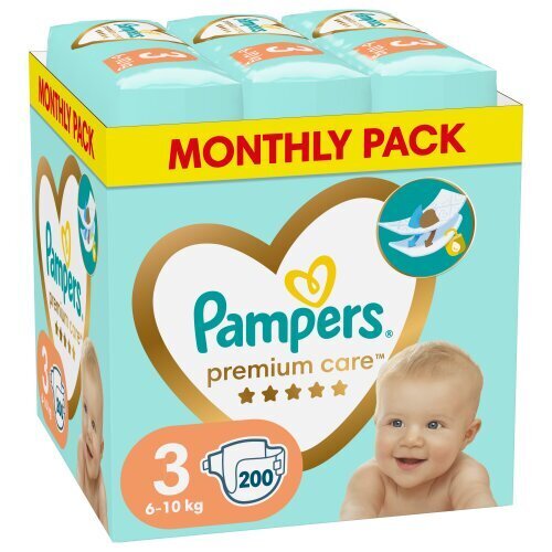 Mähkmed Pampers Premium Care Monthly Pack, suurus 3, 6-10 kg, 200 tk цена и информация | Mähkmed, riidest mähkmed | hansapost.ee