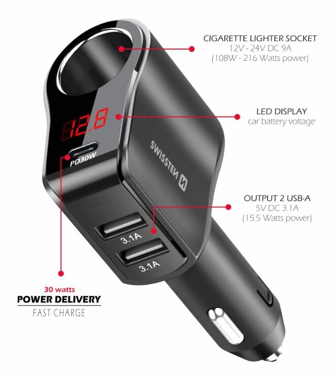 Swissten Car charger 1x USB-C PD / 2x USB-A / CL / LED цена и информация | Laadijad mobiiltelefonidele | hansapost.ee