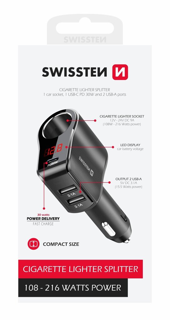 Swissten Car charger 1x USB-C PD / 2x USB-A / CL / LED цена и информация | Laadijad mobiiltelefonidele | hansapost.ee