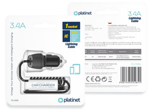 Platinet autolaadija 3,4A USB-A + Lightning (45484) hind ja info | USB adapterid ja jagajad | hansapost.ee