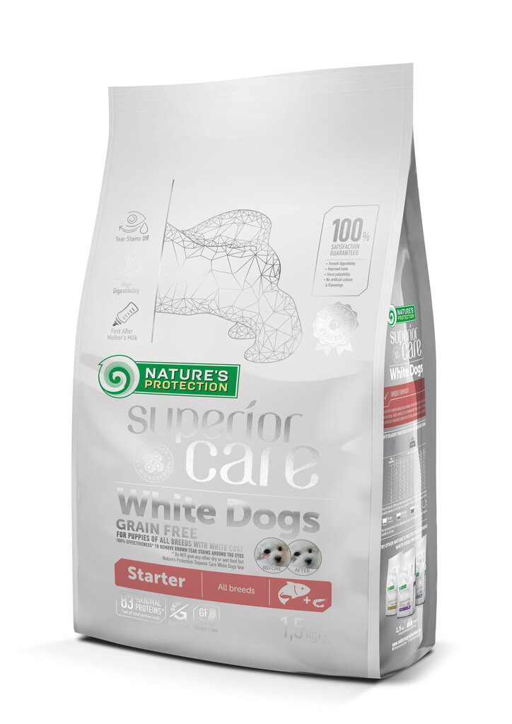 Kuivtoit kõikidele tõugudele valge karvkattega noortele koertele Nature's Protection Superior Care White Dogs Grain Free Salmon Starter All Breeds, 1.5 kg цена и информация | Koerte kuivtoit ja krõbinad | hansapost.ee