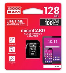 Goodram MicroSDXC 128GB Class 10/UHS 1 + Adapter цена и информация | Карты памяти | hansapost.ee