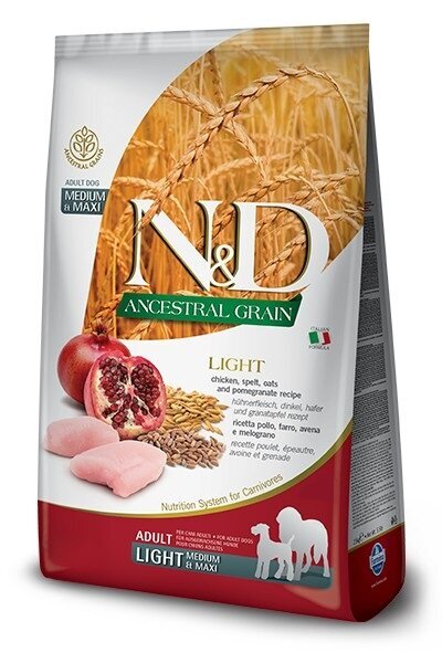 Kuivtoit koertele FARMINA N&D ANCESTRAL GRAIN DOG LIGHT, kanaliha, spelta, kaerahelbed ja granaatõun, MEDIUM&MAXI 12kg цена и информация | Koerte kuivtoit ja krõbinad | hansapost.ee