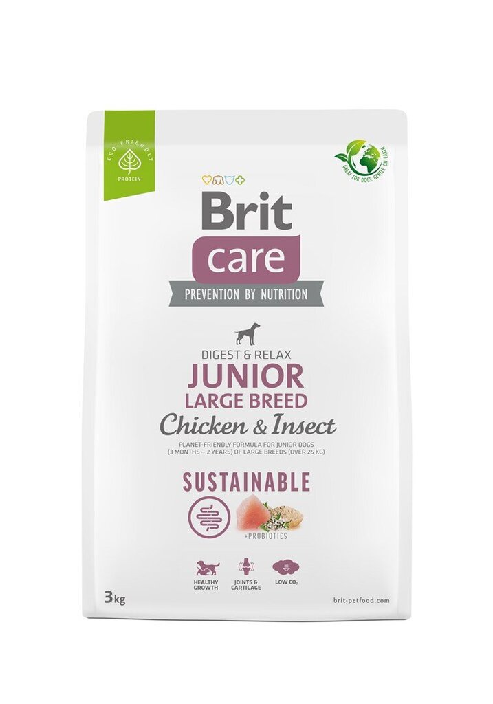 Brit Care Sustainable Junior Large Breed Chicken&Insect koeratoit 3kg price and information | Koerte kuivtoit ja krõbinad | hansapost.ee