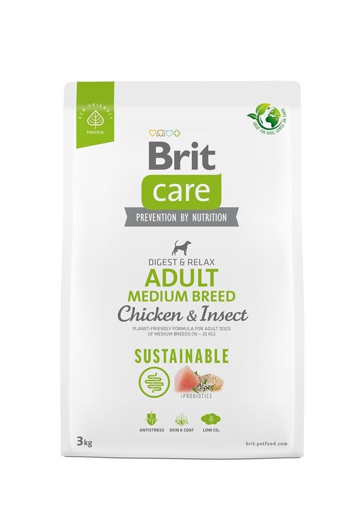 Brit Care Sustainable Adult Medium Breed Chicken&Insect koeratoit 3kg hind ja info | Koerte kuivtoit ja krõbinad | hansapost.ee