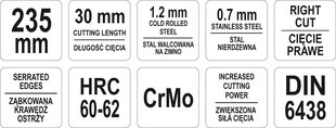 Plekikäärid, parem 235mm 30mm tera 1,2mm max CrMo 1916 h hind ja info | Käsitööriistad | hansapost.ee