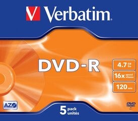 Matrix DVD-R AZO Verbatim 4.7GB 16x 5 Pack Jewel цена и информация | Виниловые пластинки, CD, DVD | hansapost.ee