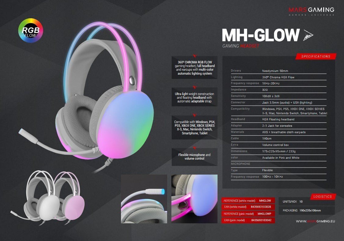 Mängukõrvaklapid Chroma Flow Mars Gaming MH-Glow RGB 3,5 mm / USB price and information | Kõrvaklapid | hansapost.ee