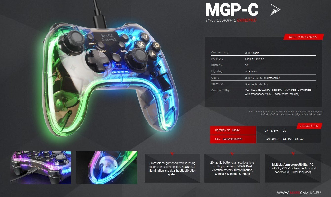 Mängukontroller Mars Gaming MGP-C RGB / USB-C / X-input & D-input hind ja info | Mängupuldid | hansapost.ee