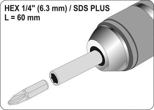 Kuuskant 1/4 SDS plus adapter L=60 mm 04690 цена и информация | Дрели и шуруповёрты | hansapost.ee