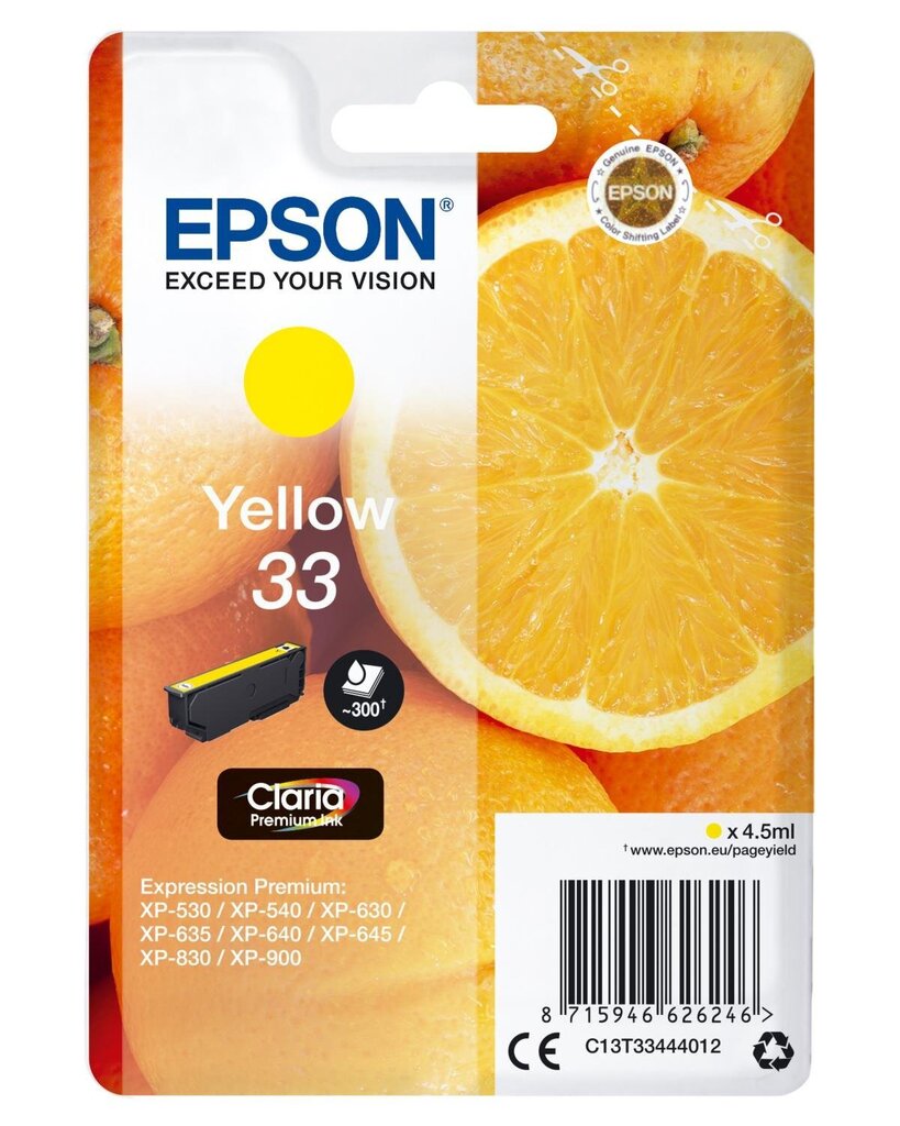 EPSON Singlepack Yellow 33 Claria Prem hind ja info | Tindiprinteri kassetid | hansapost.ee
