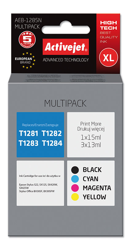 Activejet AEB-1285N tint Epsoni printerile, Epson T1285 asendus; Ülim; 1 x 15 ml, 3 x 13 ml; must, magenta, tsüaan, kollane hind ja info | Tindiprinteri kassetid | hansapost.ee