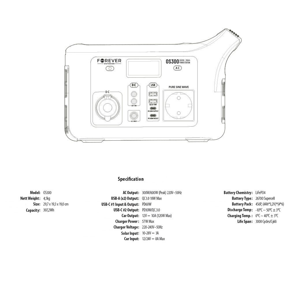 Laadimisjaam Forever OS300 Portable Power Station 300W / 307Wh / 220V / PD60W / LiFePO4 цена и информация | Akupangad | hansapost.ee