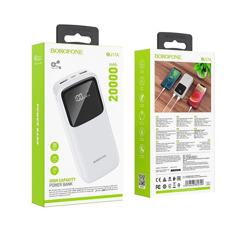 Väline aku Power Bank Borofone BJ17A Type-C microUSB 2*USB (2.1A) 20000mAh must цена и информация | Akupangad | hansapost.ee